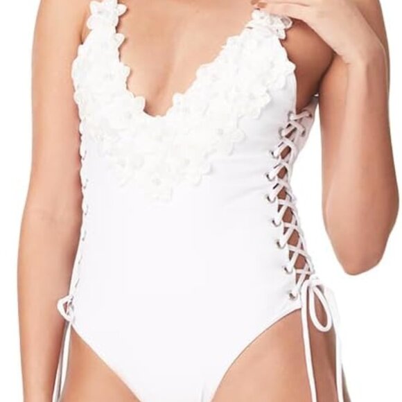 NWT! Capittana White Applique Floral Lace Up Sided One Piece Swimsuit NEW! - Picture 5 of 6